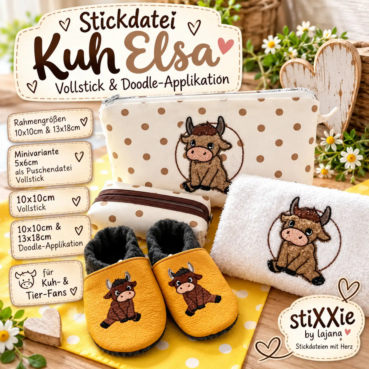 Stickdatei Kuh Elsa – Süße Kuh Vollstick & Doodle-Applikationen
