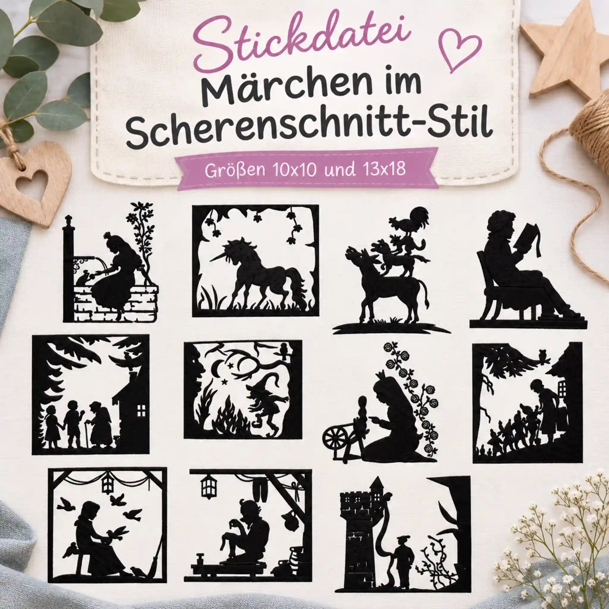 Stickdatei 11 Märchen im Scherenschnitt-Stil