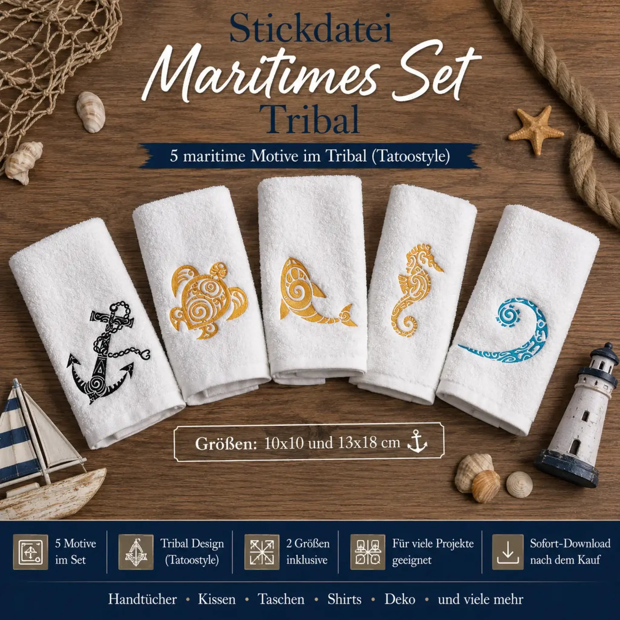 Stickdatei Maritime Tribal Set ⚓ – 5 Motive im Tattoo-Stil