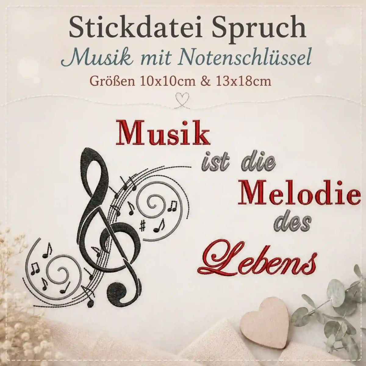 Stickdatei Spruch Musik mit Notenschlüssel