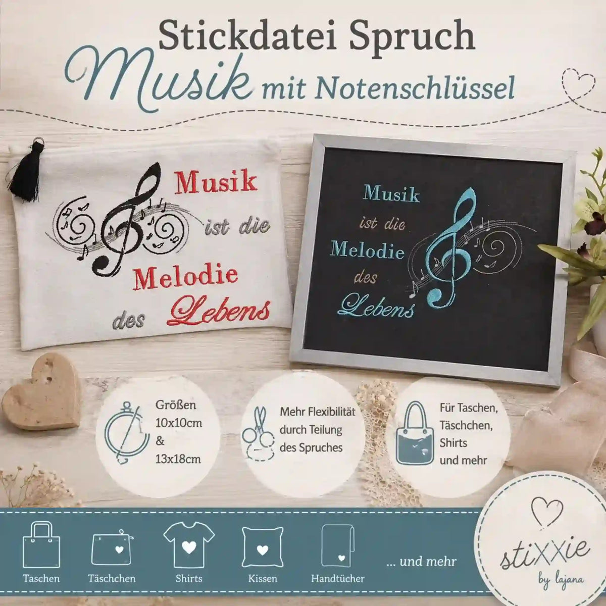 Stickdatei Spruch Musik mit Notenschlüssel