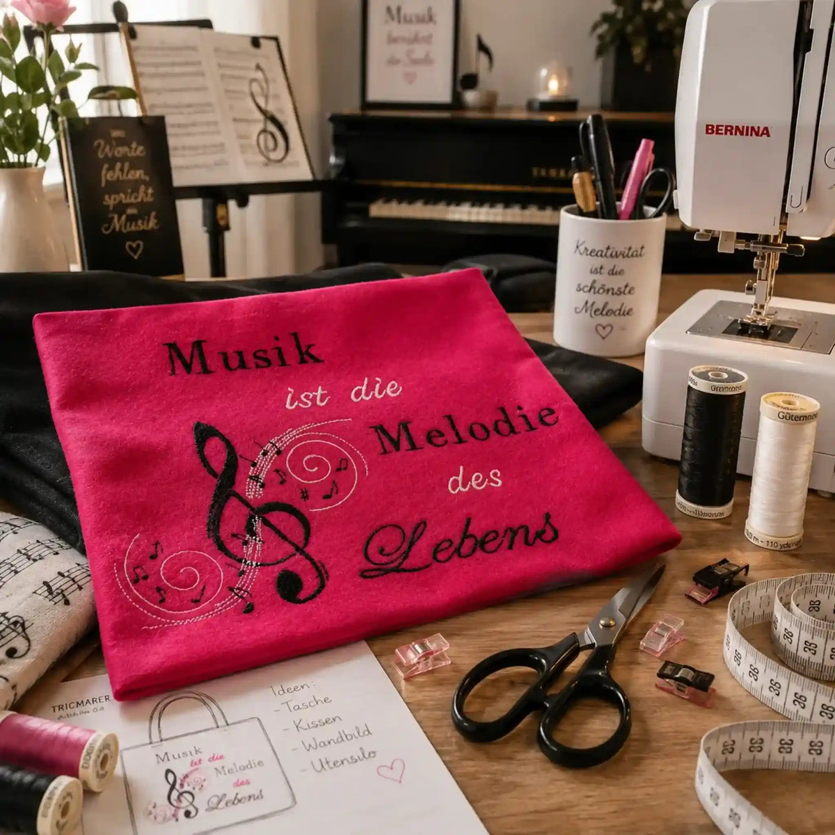 Stickdatei Spruch Musik mit Notenschlüssel