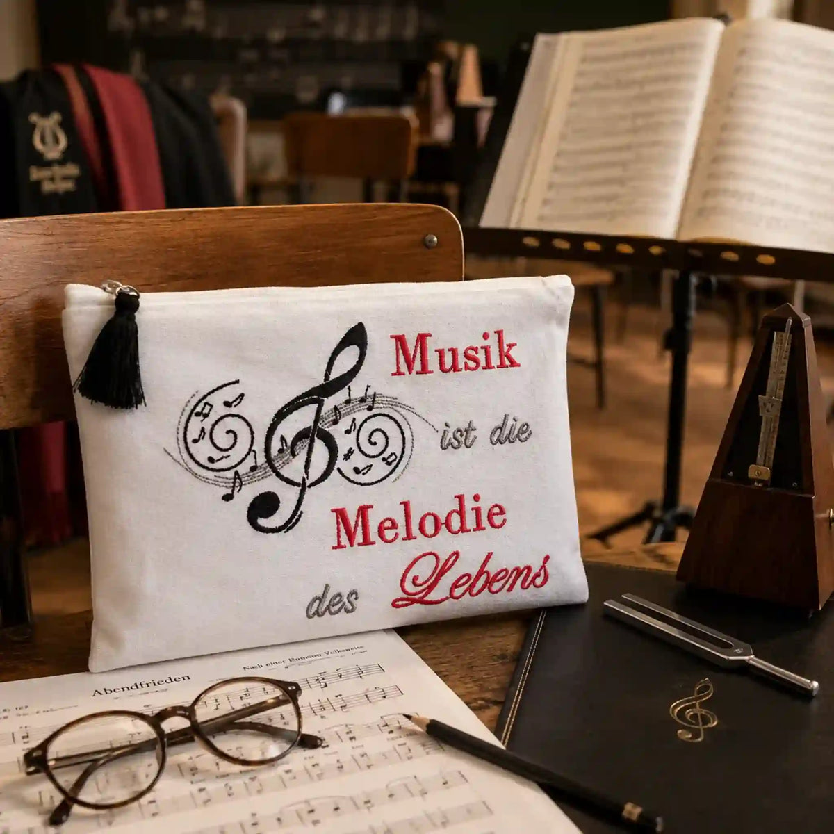 Stickdatei Spruch Musik mit Notenschlüssel