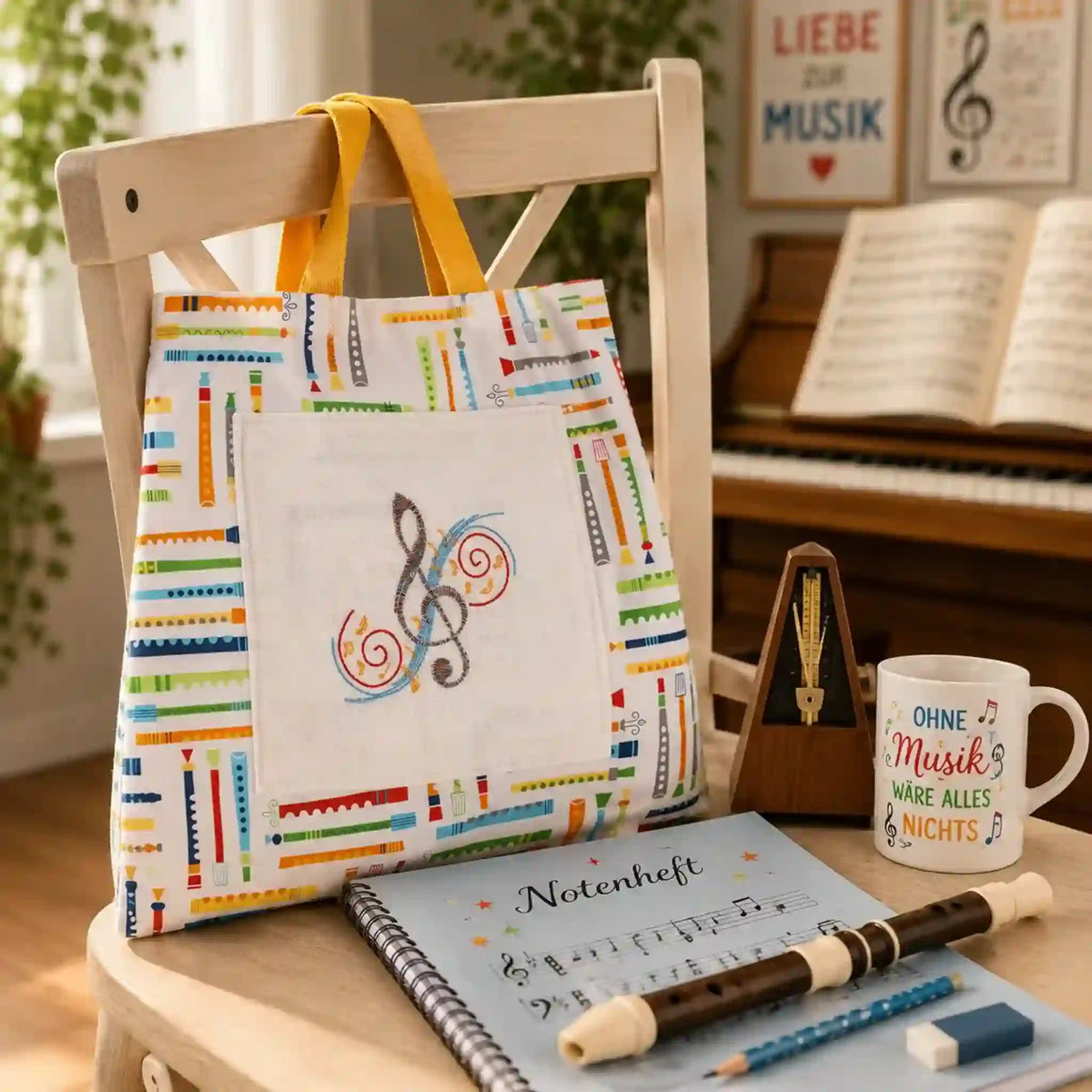 Stickdatei Spruch Musik mit Notenschlüssel