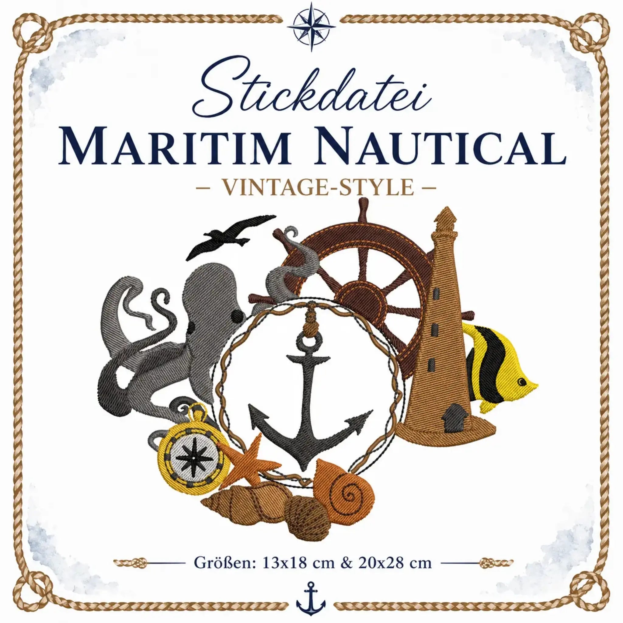 Stickdatei Maritim Nautical – Vintage-Style mit Teilapplikation | stiXXie