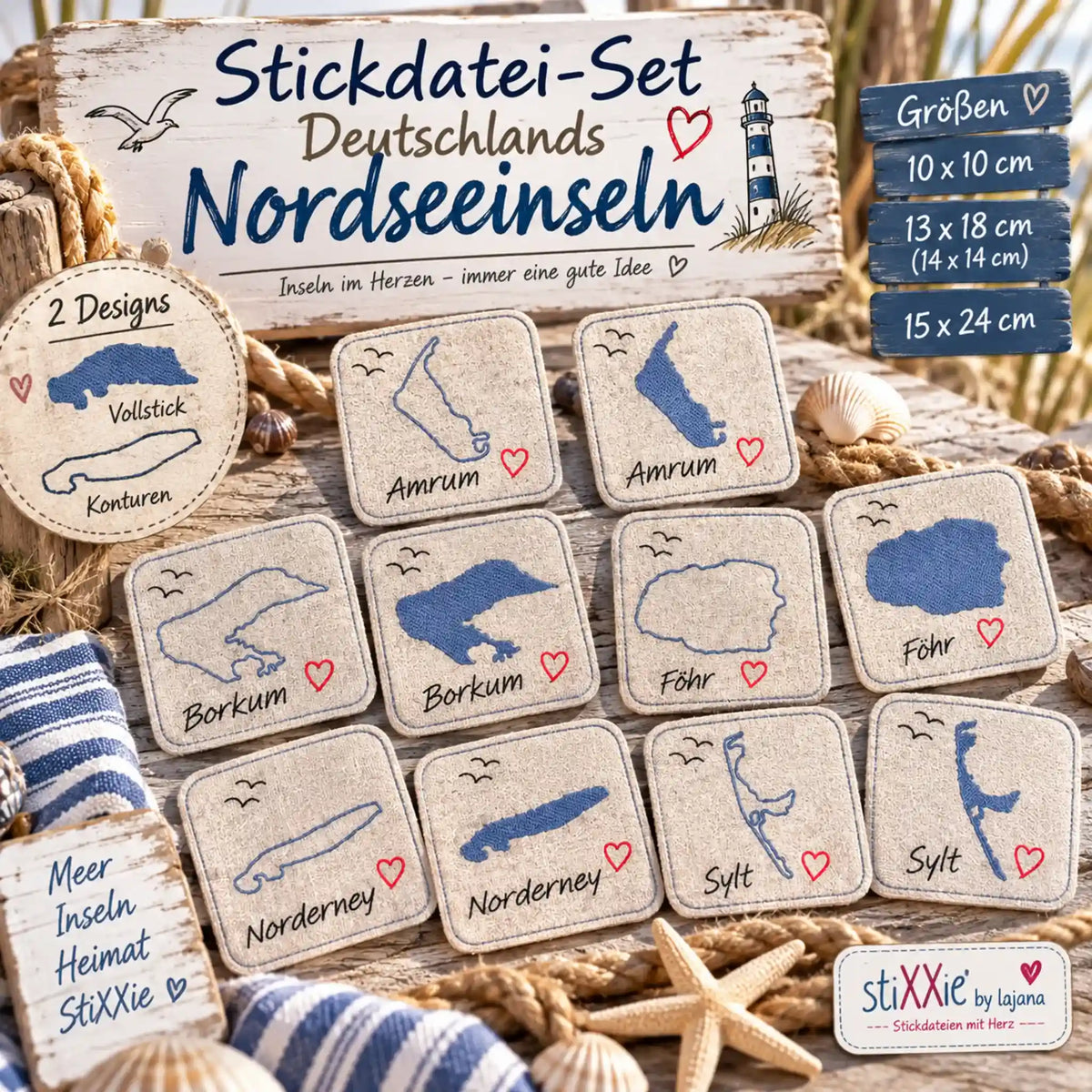 Stickdatei Deutschlands Nordseeinseln – Konturen & Vollstick