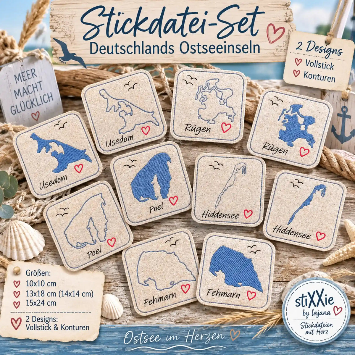 Stickdatei Deutschlands Ostseeinseln – Konturen & Vollstick