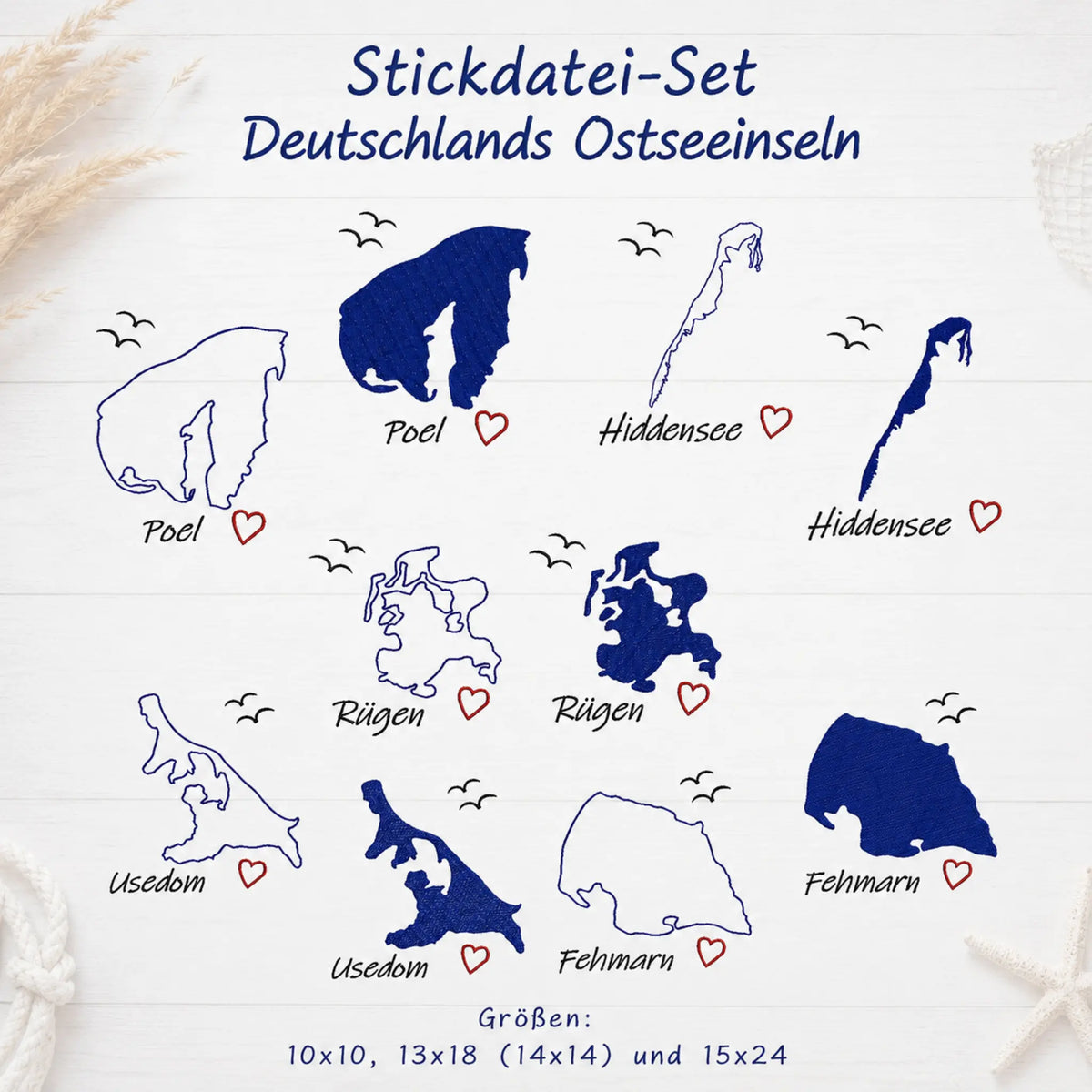 Stickdatei Deutschlands Ostseeinseln – Konturen & Vollstick