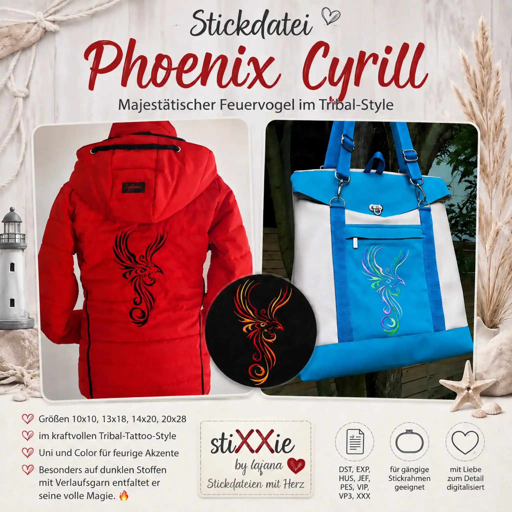 Stickdatei Phoenix Cyrill Tribal – Majestätischer Feuervogel