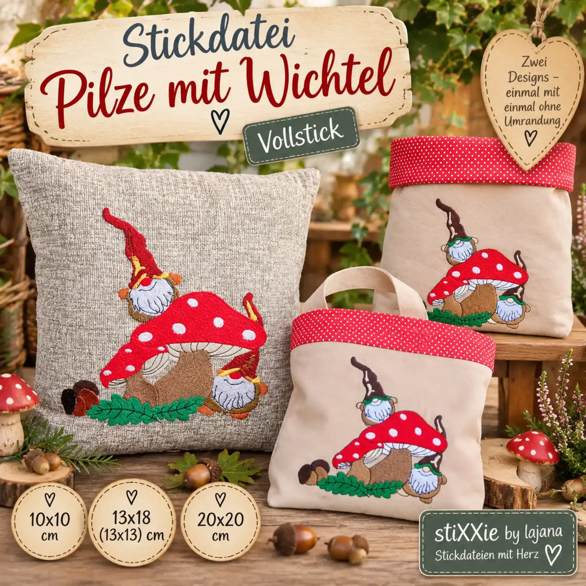 Stickdatei Pilze mit Wichtel