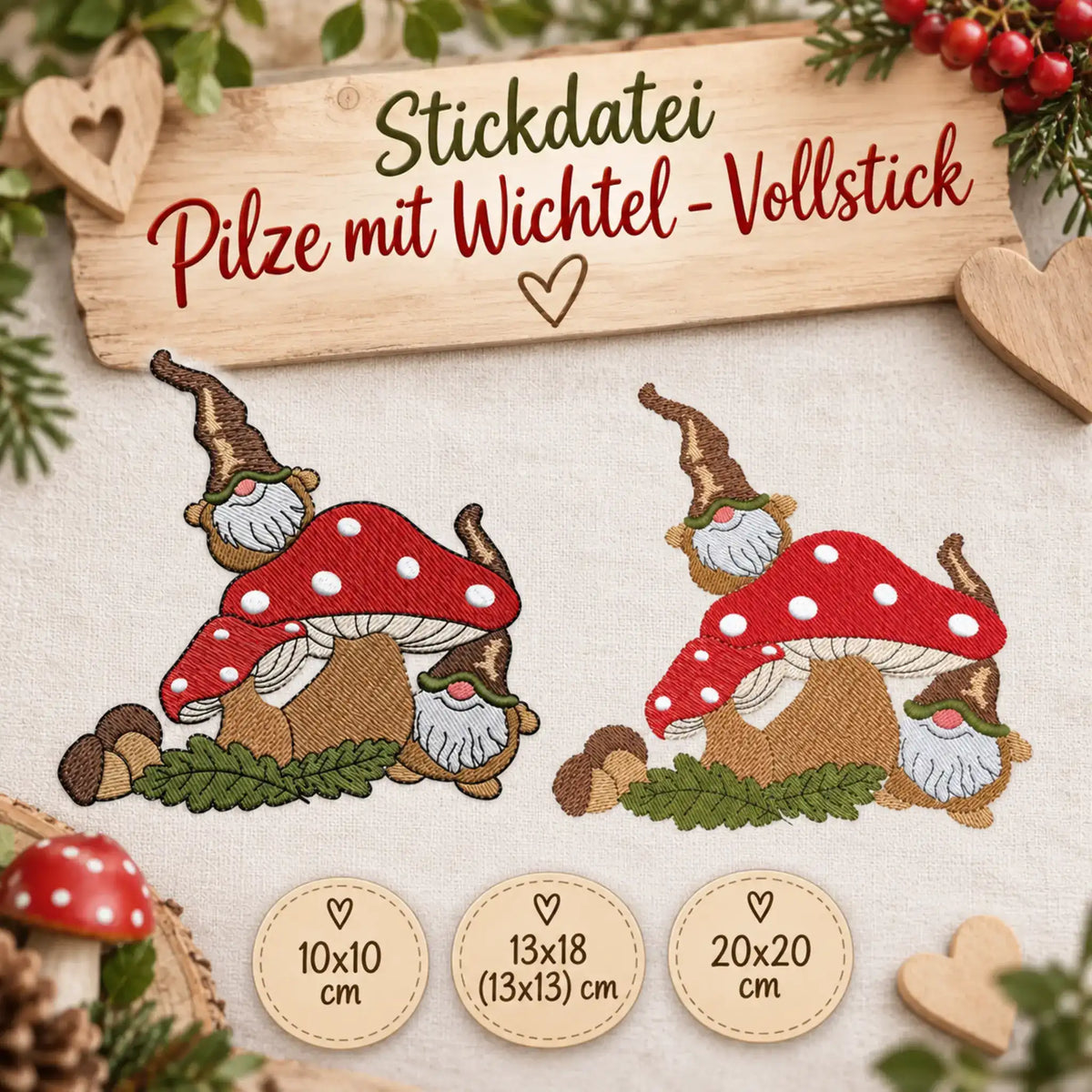 Stickdatei Pilze mit Wichtel