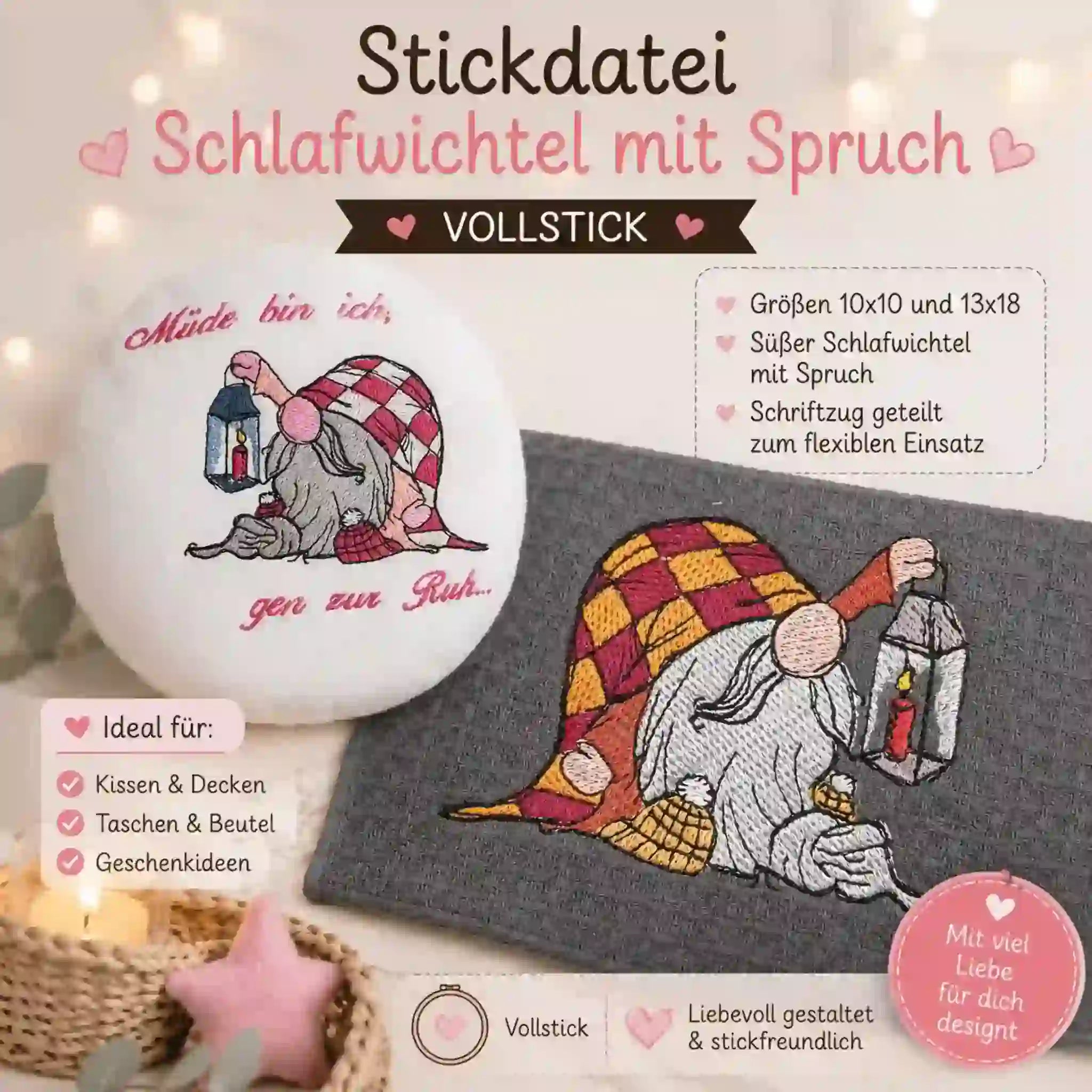 Stickdatei Schlaf- Wichtel mit Spruch