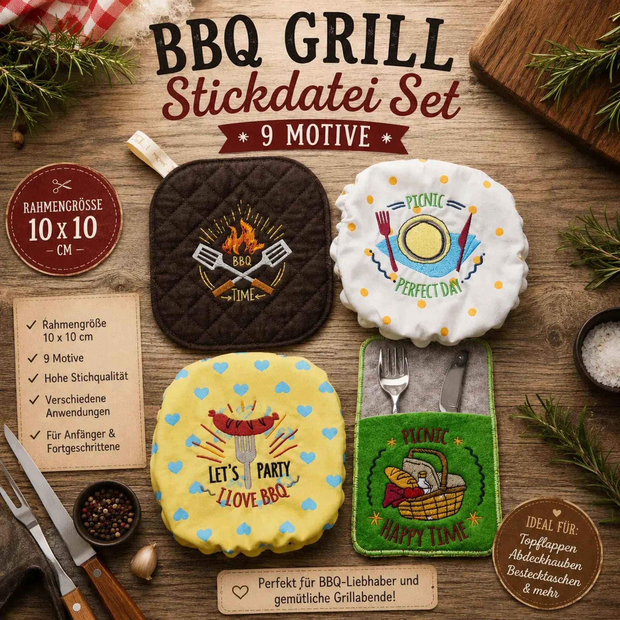 BBQ Grill Stickdatei Set – 9 Motive für Grillschürze & Küchentextilien