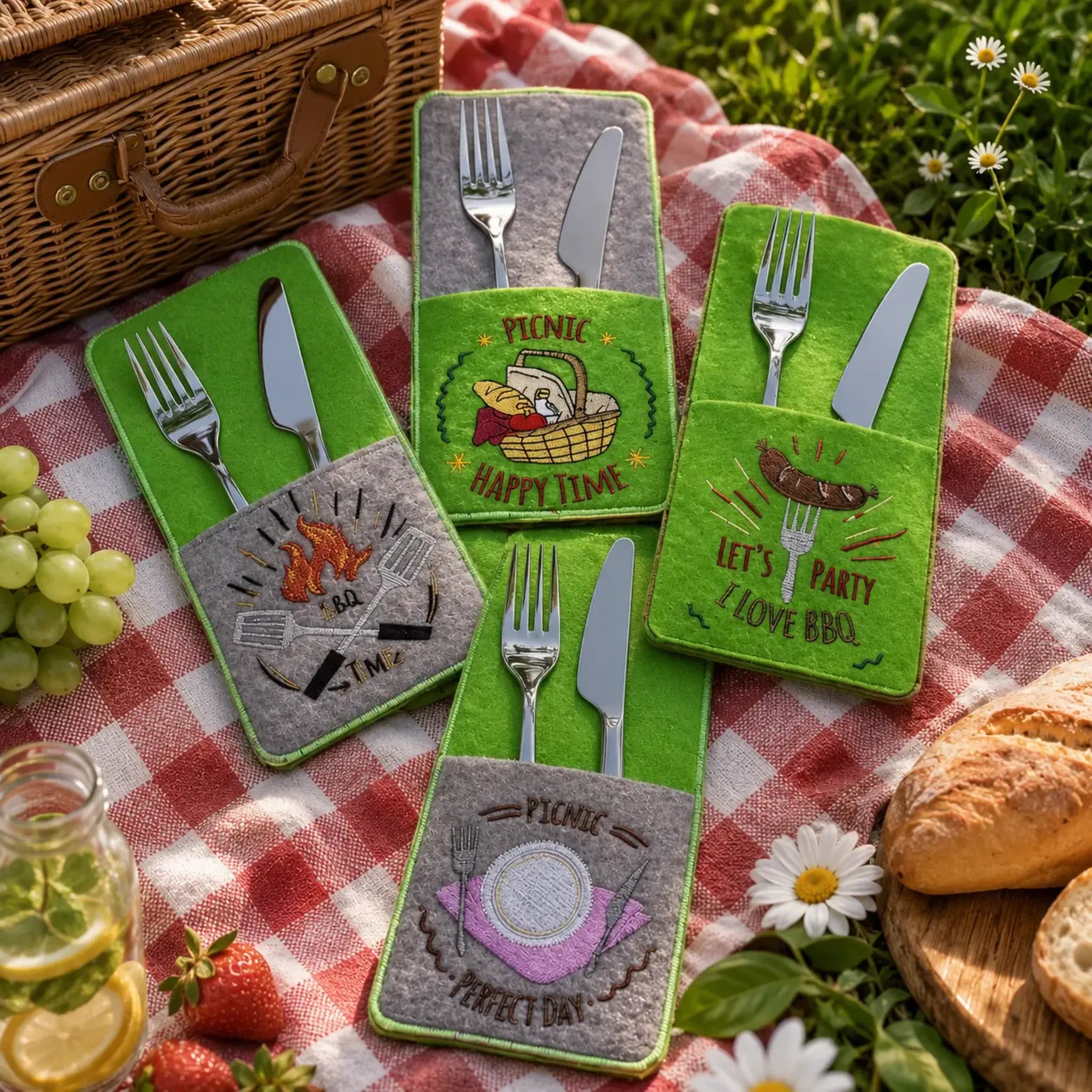 BBQ Grill Stickdatei Set – 9 Motive für Grillschürze & Küchentextilien