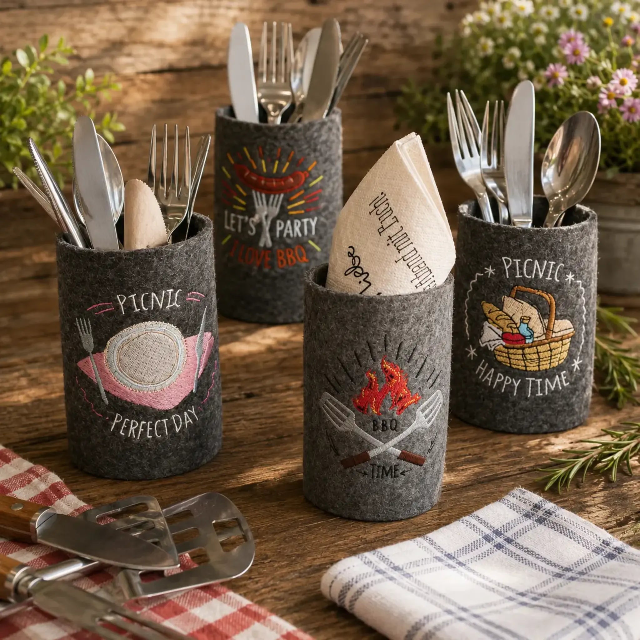 BBQ Grill Stickdatei Set – 9 Motive für Grillschürze & Küchentextilien