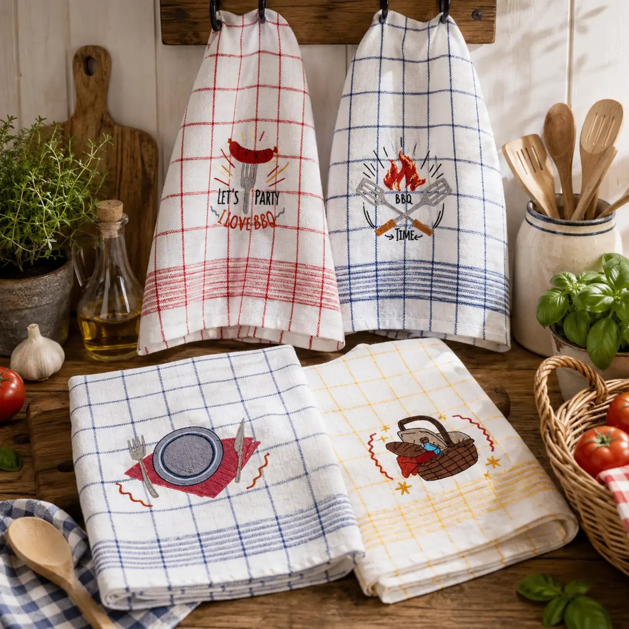 BBQ Grill Stickdatei Set – 9 Motive für Grillschürze & Küchentextilien
