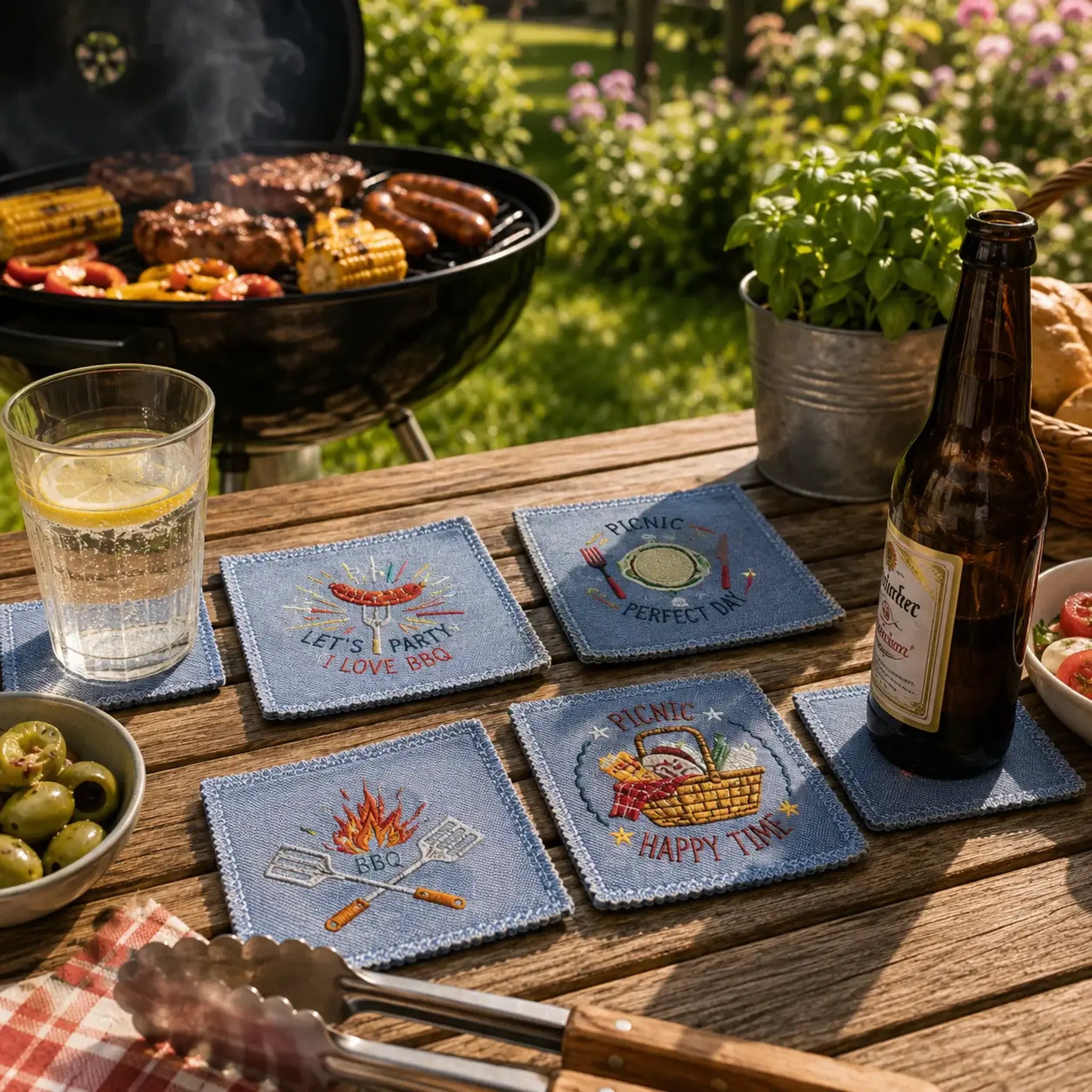 BBQ Grill Stickdatei Set – 9 Motive für Grillschürze & Küchentextilien