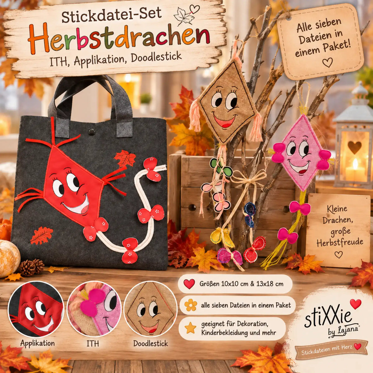 ITH Stickdatei Set Herbstdrachen - ITH, Applikation, Doodlestick