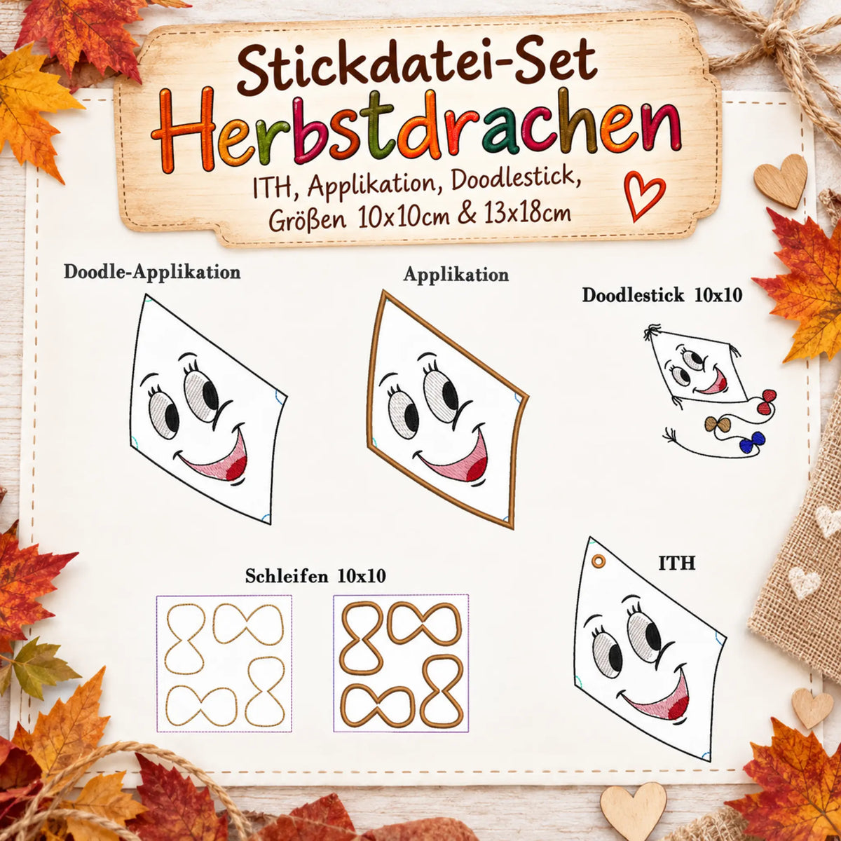 ITH Stickdatei Set Herbstdrachen - ITH, Applikation, Doodlestick