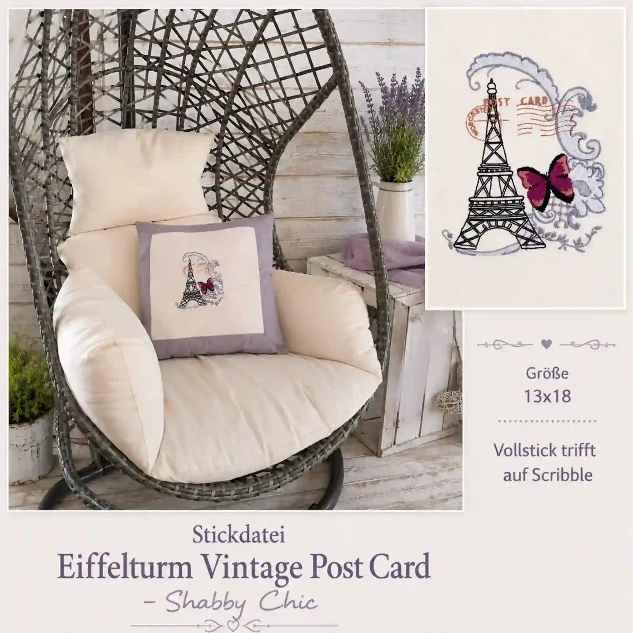 Stickdatei Eiffelturm Vintage Post Card – Shabby Chic
