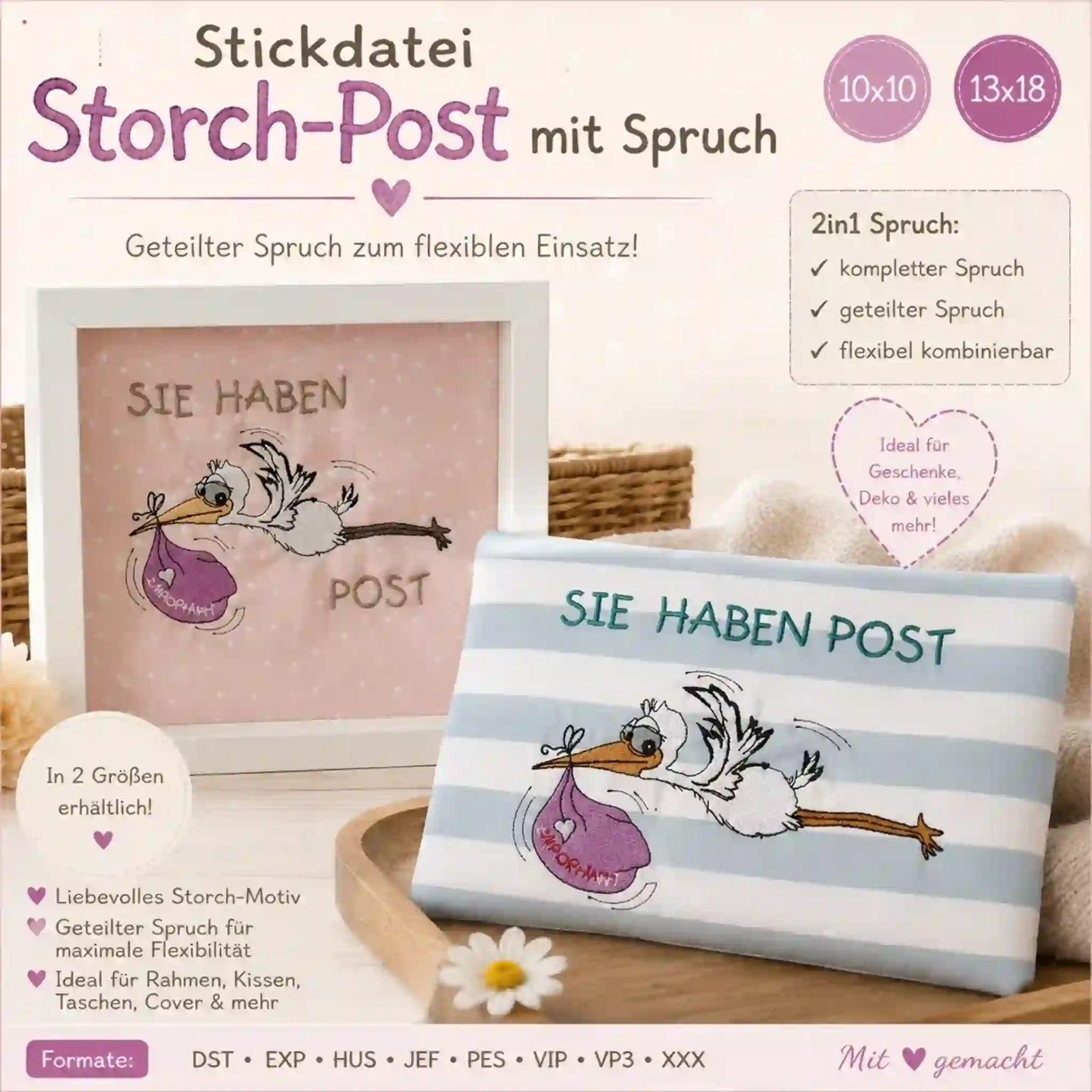 Stickdatei Storch-Post mit Spruch 🐣