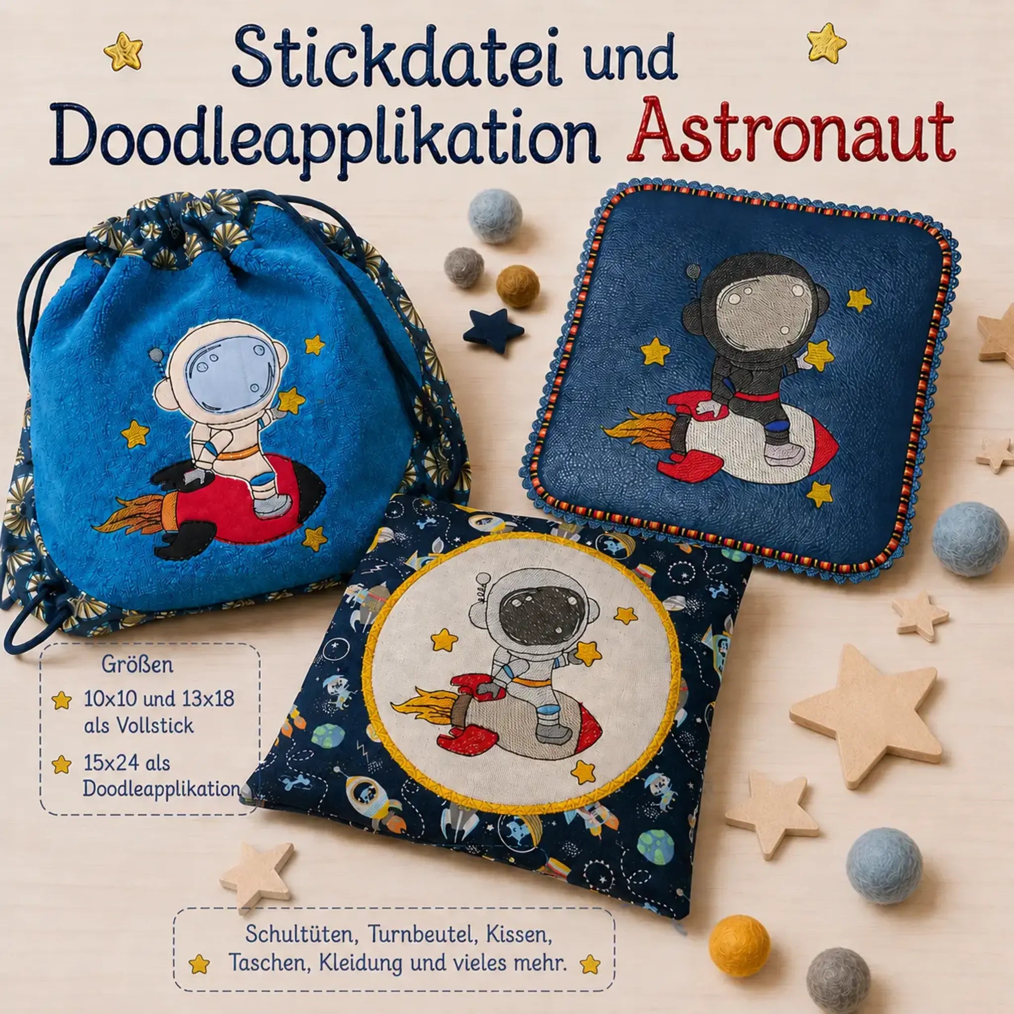 Stickdatei und Applikation Astronaut – Vollstick & Doodle-Appli