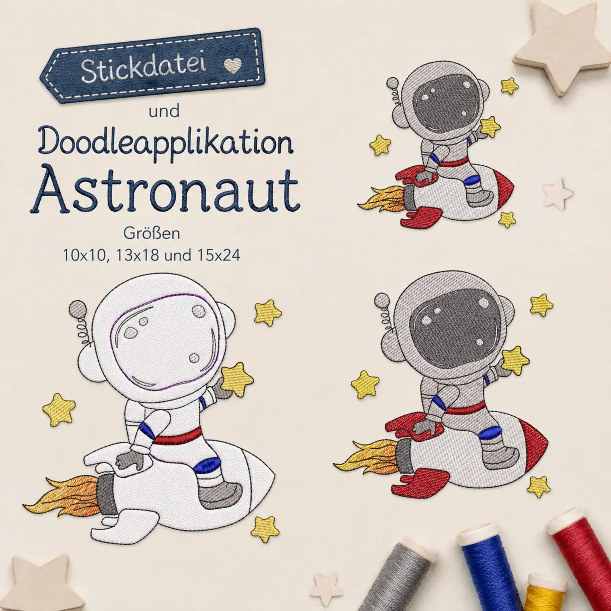 Stickdatei und Applikation Astronaut – Vollstick & Doodle-Appli