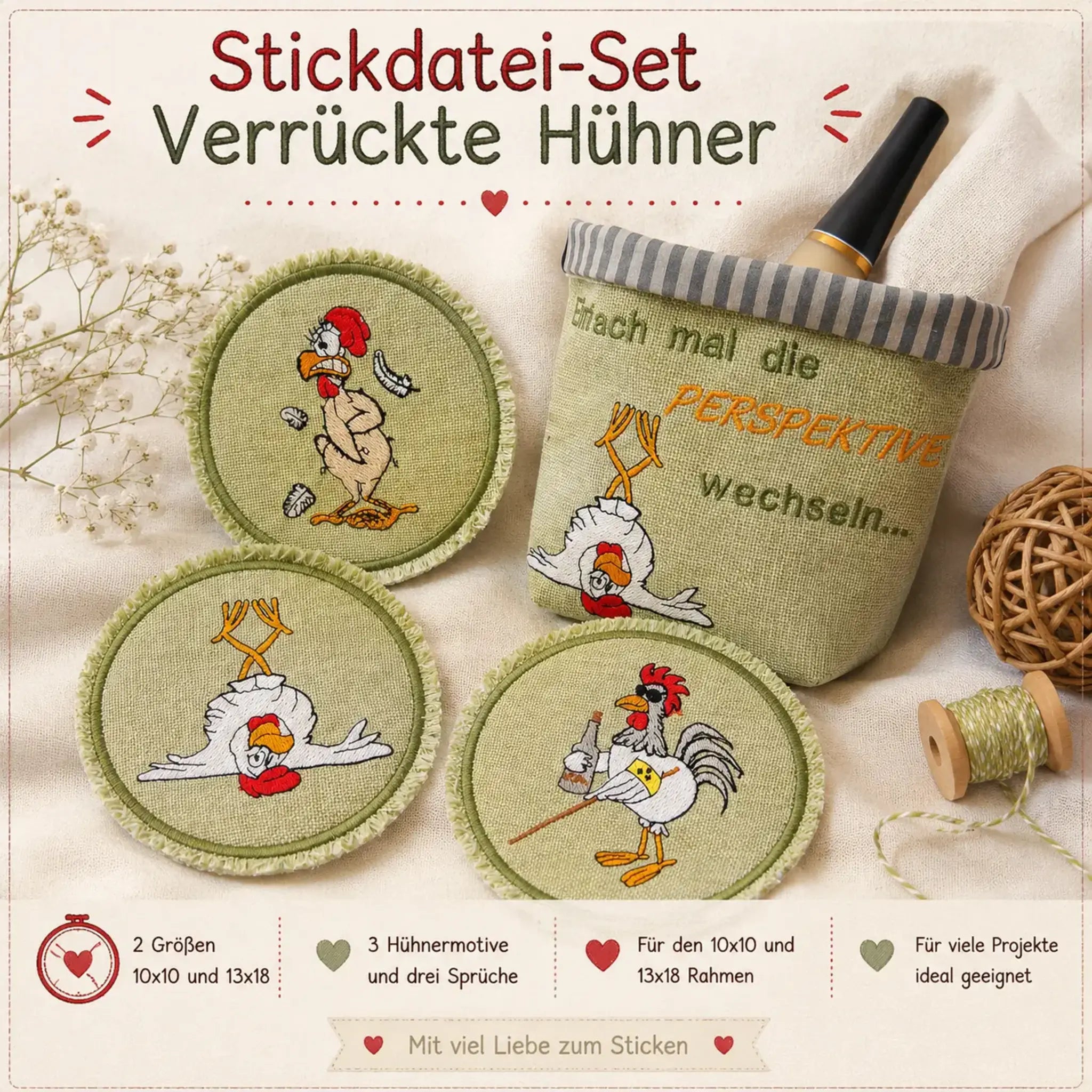 Stickdatei Verrückte Hühner – 3 witzige Designs