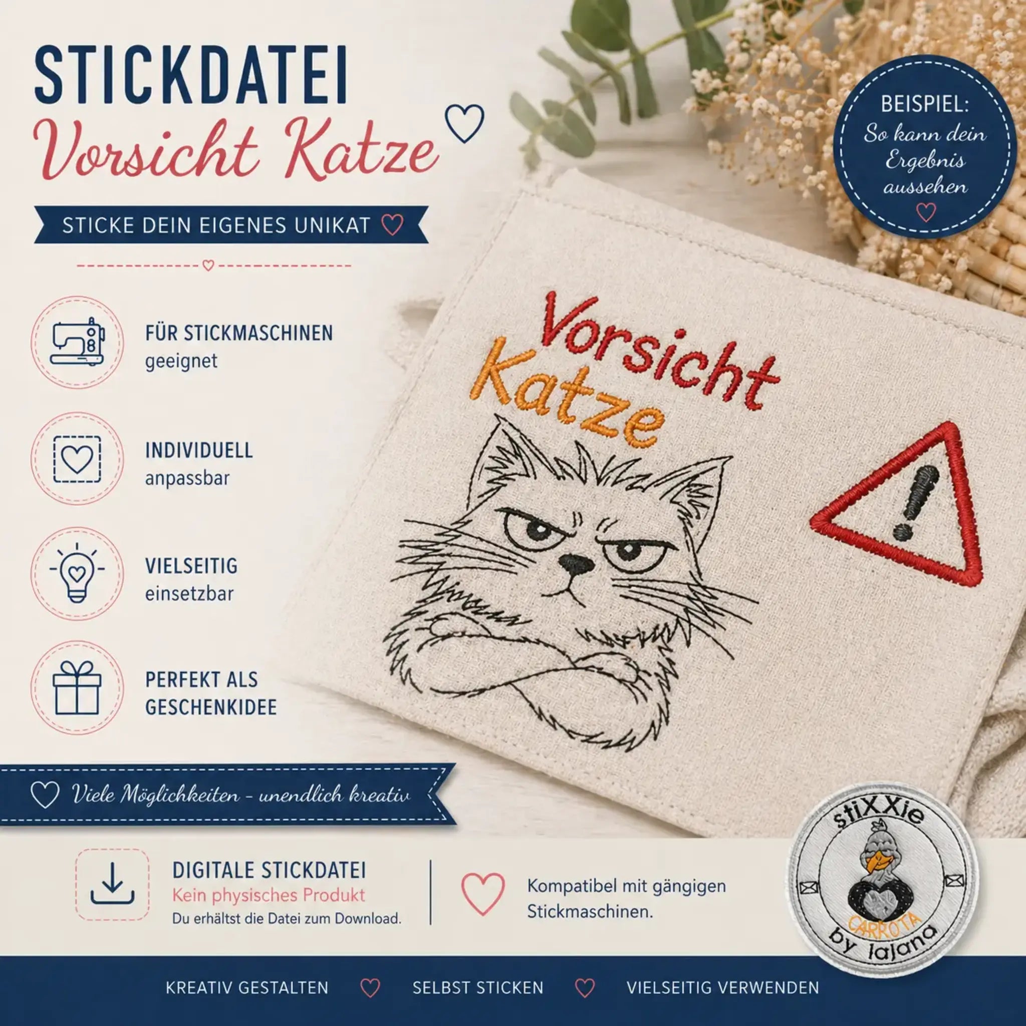 Stickdatei Vorsicht Katze