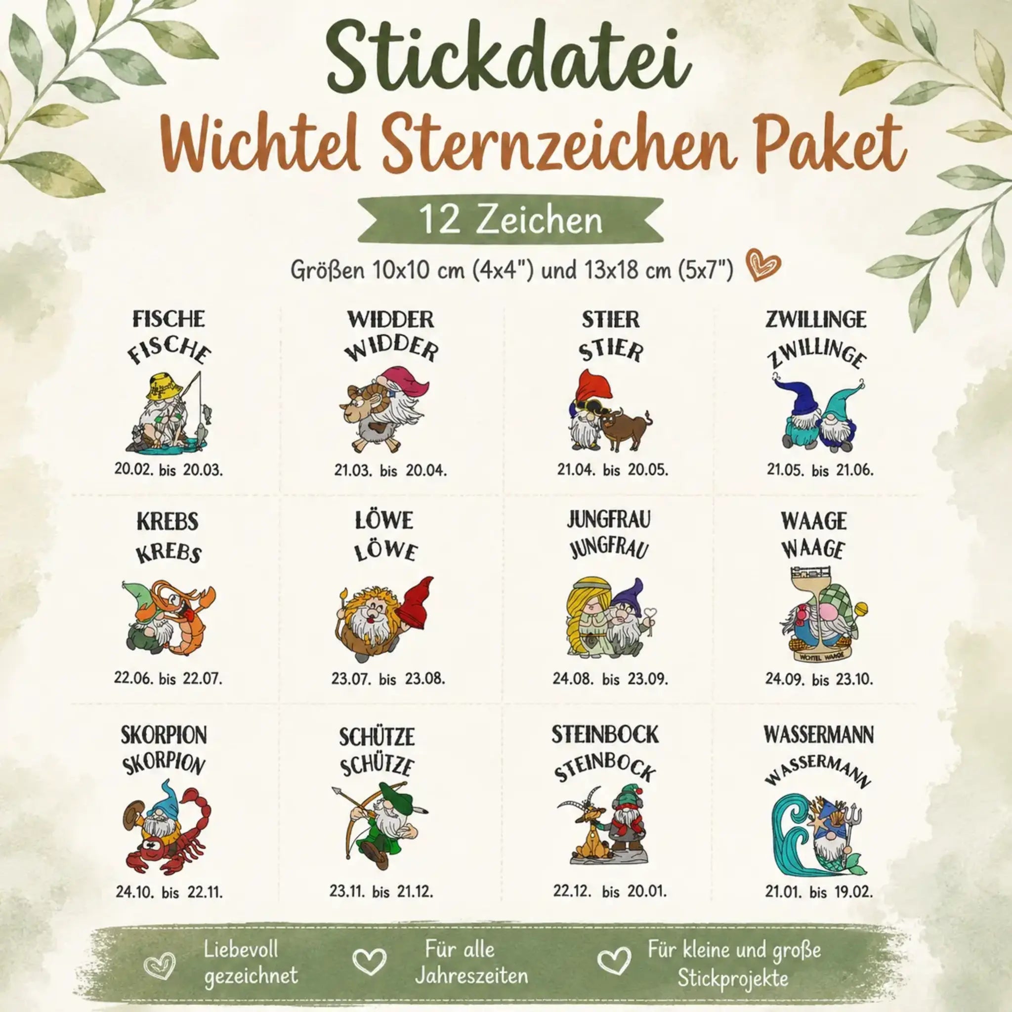 Stickdatei Wichtel Sternzeichen Paket 12 Zeichen