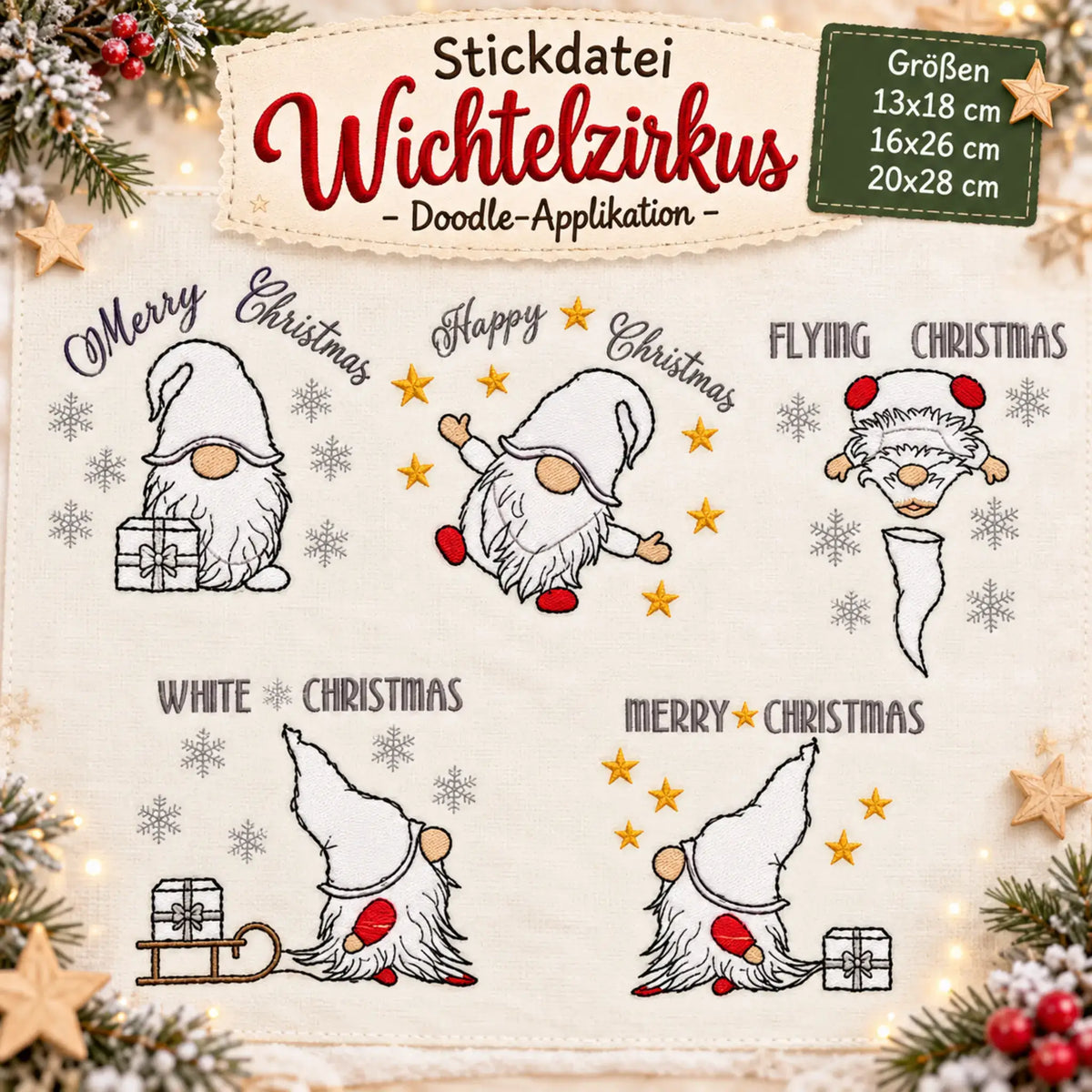 Stickdatei Wichtelzirkus Doodle Applikation 🎪 Weihnachtswichtel zum Sticken