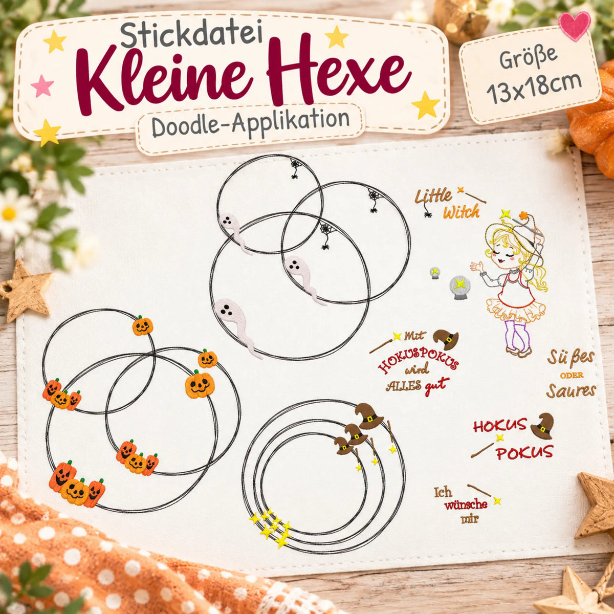 Stickdatei-Set Kleine Hexe -  Doodle Applikation