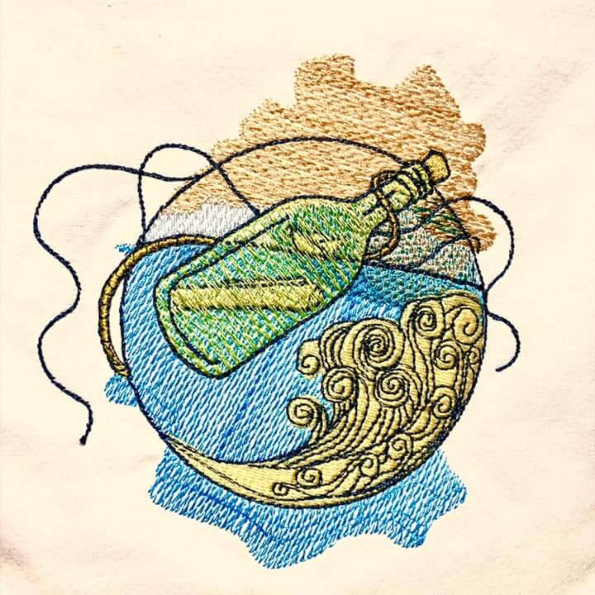 Flaschenpost Stickvorlage maritim - Detailansicht gestickt auf Stoff

