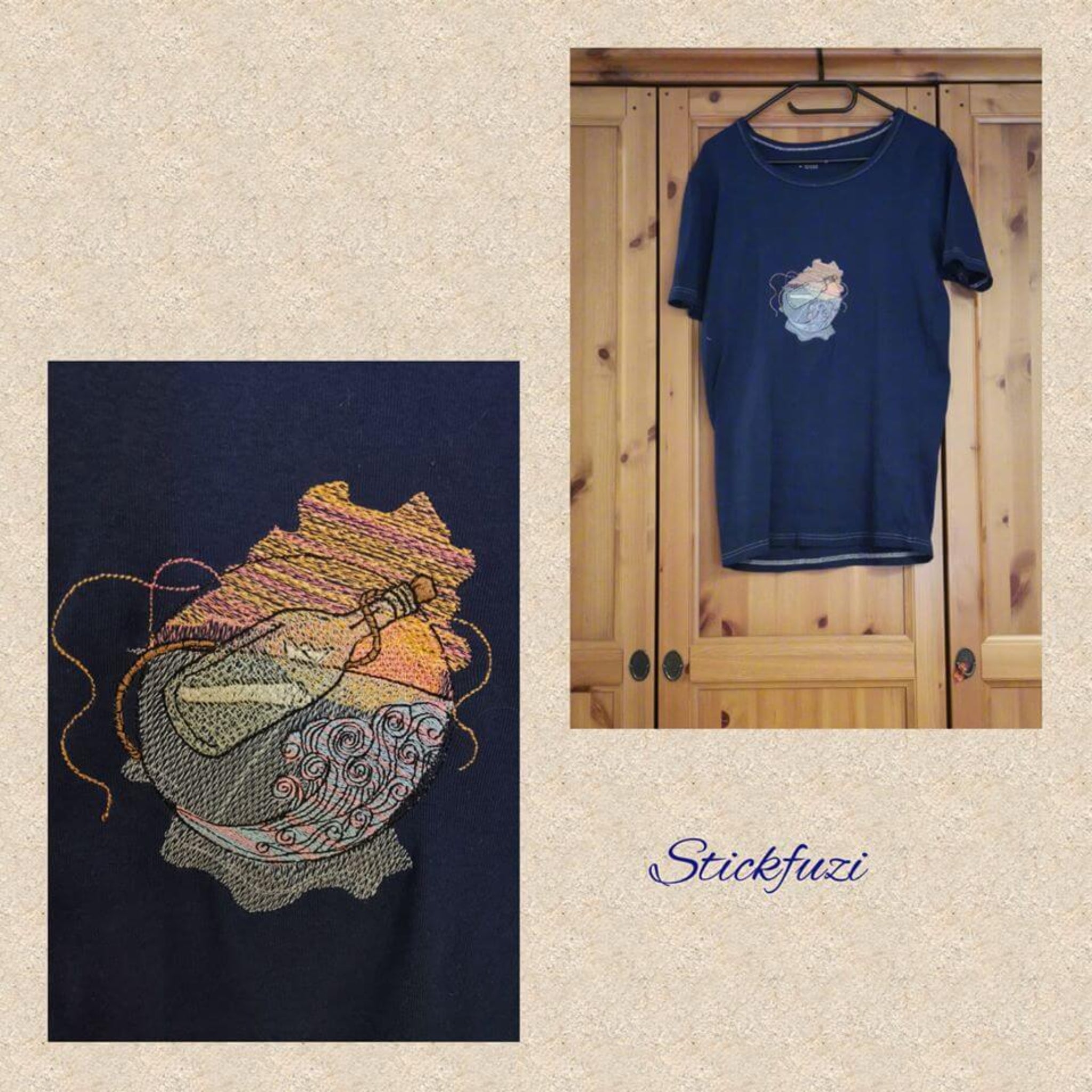 Stickdatei Flaschenpost Meer - Detailansicht auf blauem Stoff und auf blauem T-Shirt