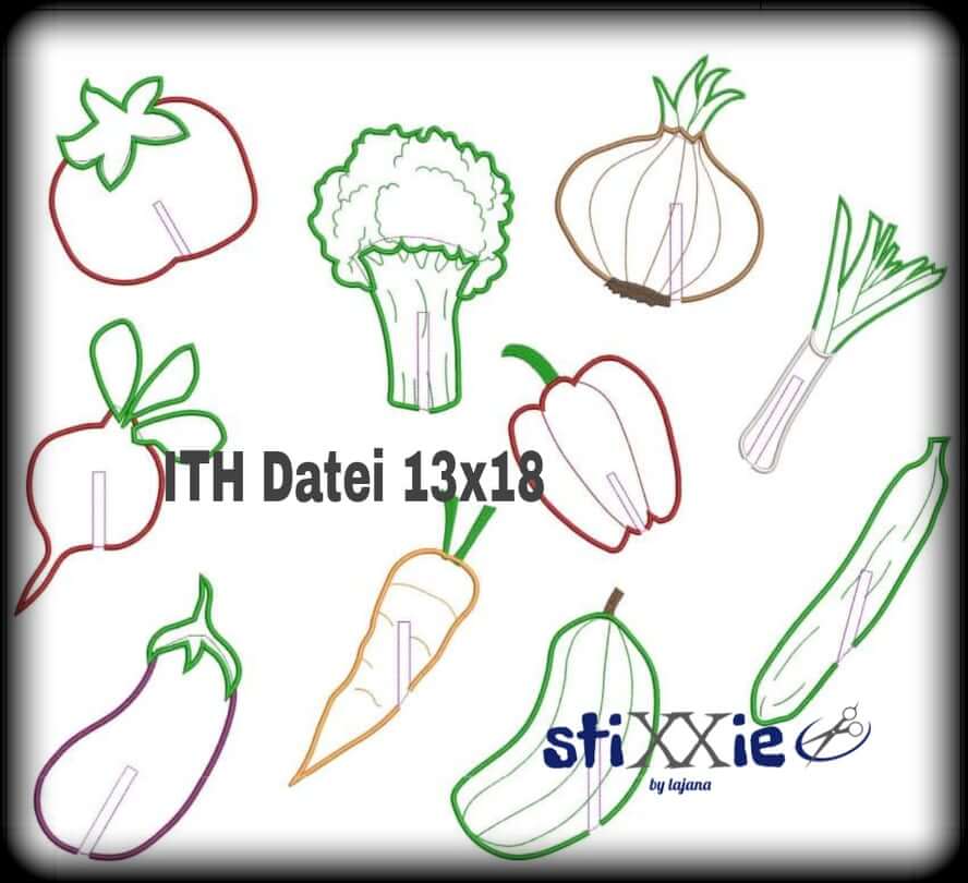 Stickdatei von stiXXie ITH Stickdatei Stabfiguren Gemüse 13x18 10-tlg.