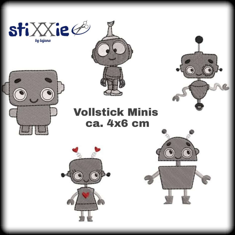 Stickdatei von stiXXie Stickdatei Roboter Vollstick Robi Set Minis ca. 5x6 cm