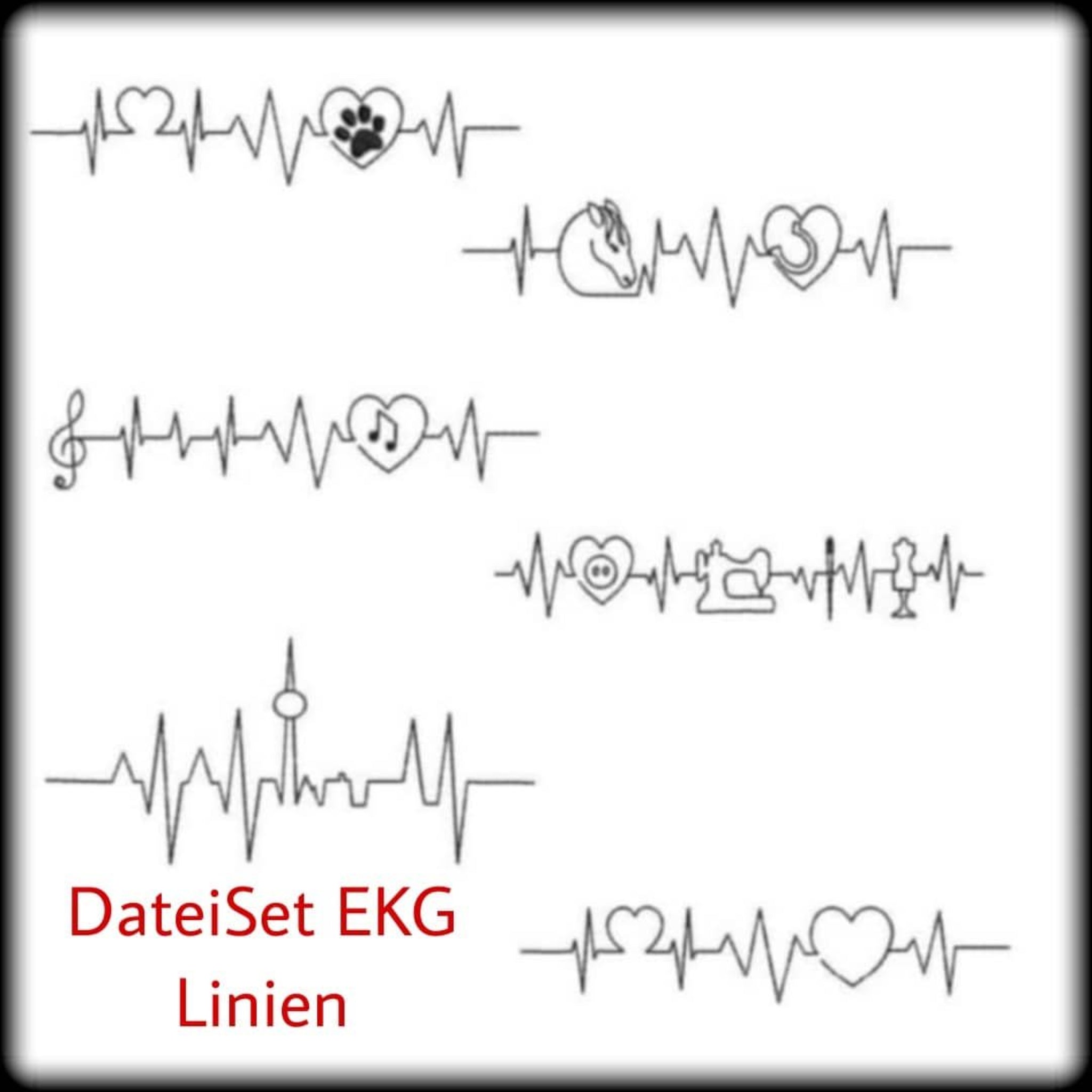 Stickdatei EKG Linien Set - 6 Motive Herz Pferd Musik Nähen Tier Stadt Übersicht
